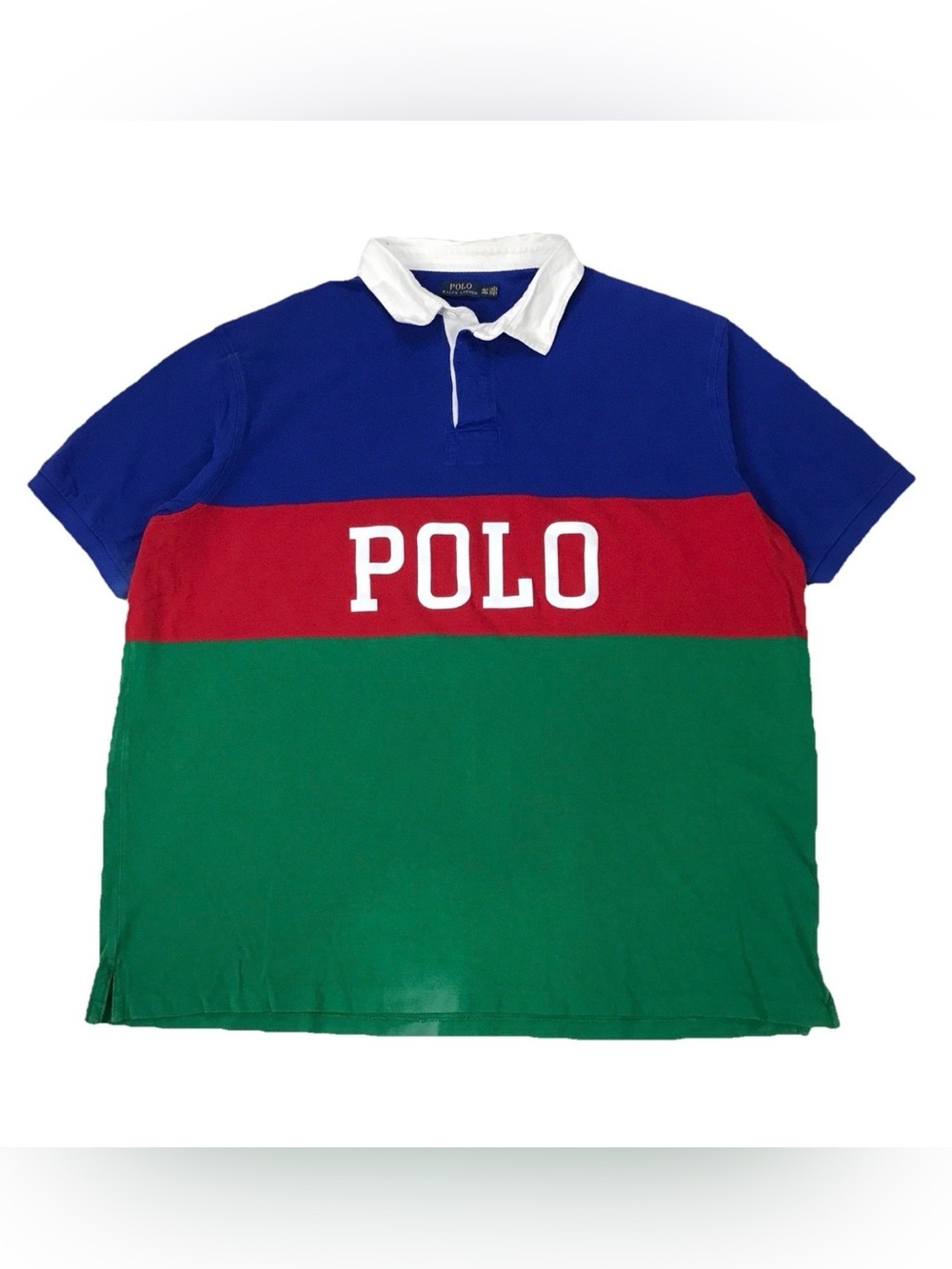 Polo Ralph Lauren Colorblock Spellout Shirt 4XL Tall 4XLT Blue Rugby Vintage PRL